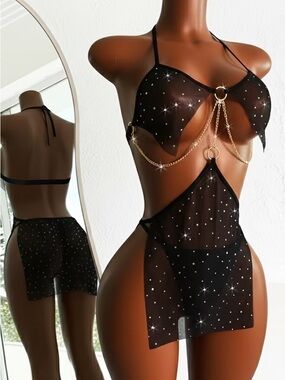 Sheer Black Rhinestone & Chain Accent Chemise